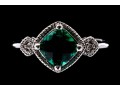 10k White Gold Unusual Checkerboard Cut Synthetic Emerald Ring With Diamonds, Size 7