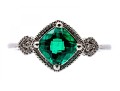 10k White Gold Unusual Checkerboard Cut Synthetic Emerald Ring With Diamonds, Size 7