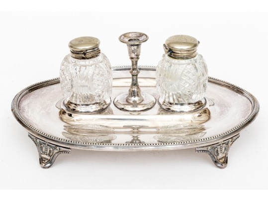 Martin, Hall & Co. Silver Plated Desk Caddy With Crystal Bottles