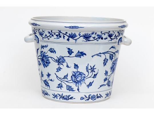 Large Tiffany & Co. Made In France Twin Handled Blue And White Porcelain Planter