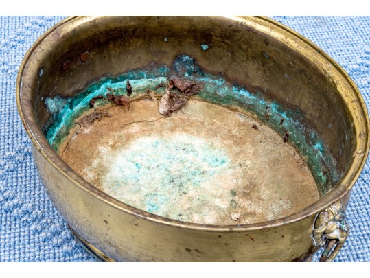 Antique Brass Oval Lion Mask Handled Jardiniere