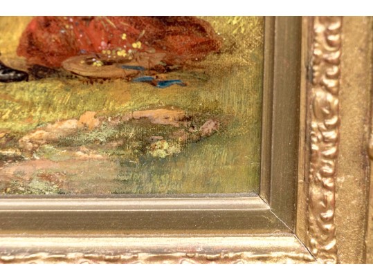 Antique Oil On Canvas, Fishing Couple In The Landscape