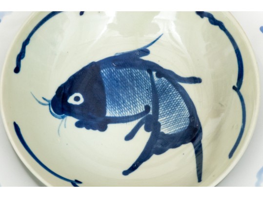 Chinese Blue And White Fish Motif Porcelain Plates And Bowls