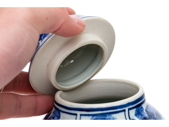 Pair Of Decorative Blue And White Porcelain Lidded Baluster Jars