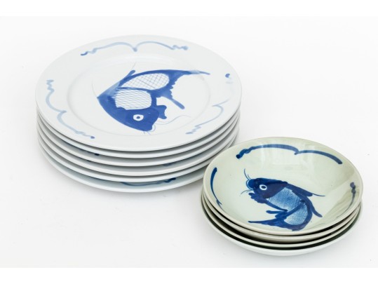 Chinese Blue And White Fish Motif Porcelain Plates And Bowls