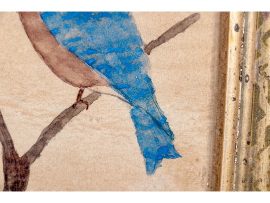 Diminutive Watercolor On Paper, Perched Bluebird