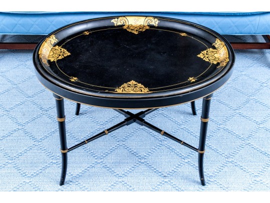 Chinoisserie Oval Ebonised And Gilt Papier Mache Tray Top Table