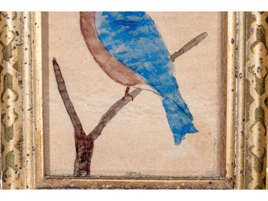 Diminutive Watercolor On Paper, Perched Bluebird