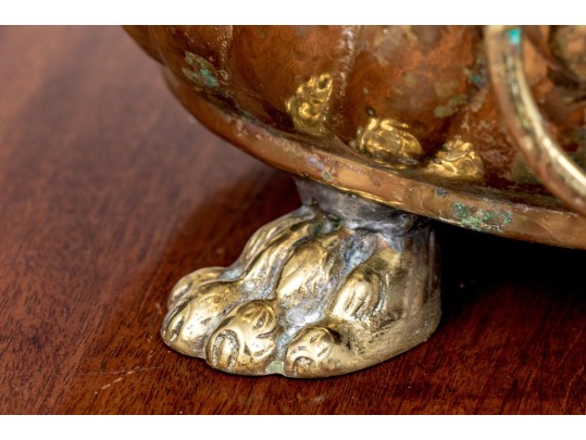 Antique Footed Brass Jardiniere With Lion Mask Handles
