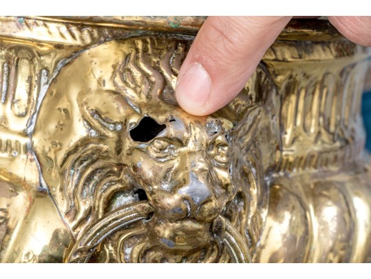 Antique Footed Brass Jardiniere With Lion Mask Handles