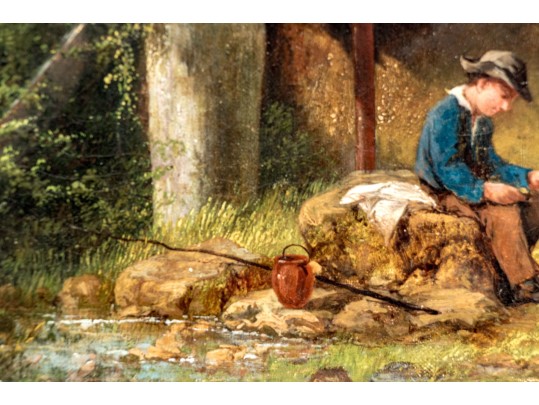 Antique Oil On Canvas, Fishing Couple In The Landscape