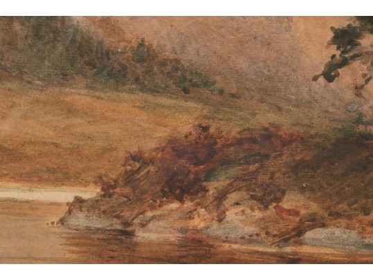 Signed Watercolor, Vast Landscape With Bending River And Mountains