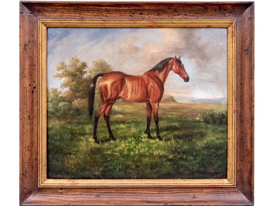 Signed Lawson Oil On Canvas, Bay Horse In Landscape