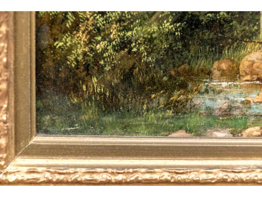 Antique Oil On Canvas, Fishing Couple In The Landscape