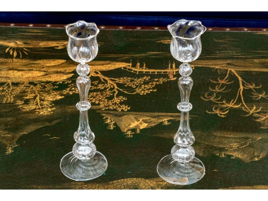 Pair Of Fabulous Hand-blown Glass Candlesticks