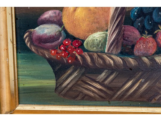 Signed H. Burton Oil On Board, Still Life With Fruit In Basket