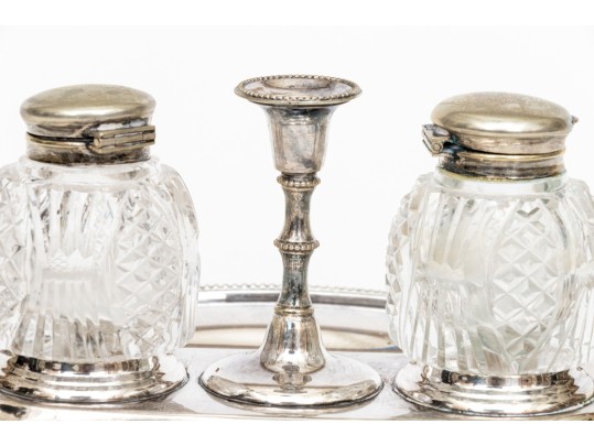 Martin, Hall & Co. Silver Plated Desk Caddy With Crystal Bottles