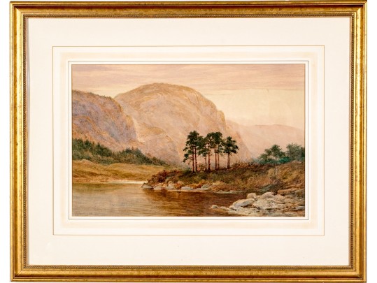 Signed Watercolor, Vast Landscape With Bending River And Mountains