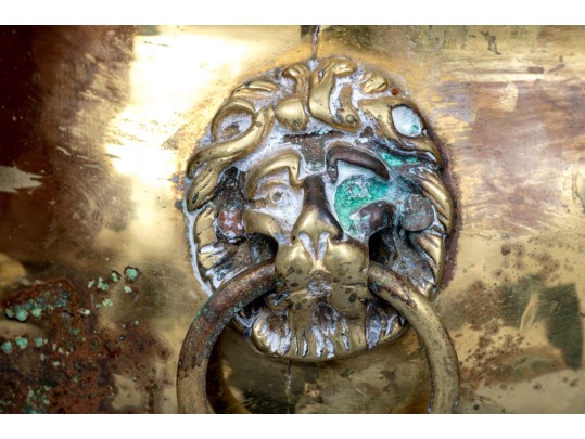 Antique Brass Oval Lion Mask Handled Jardiniere