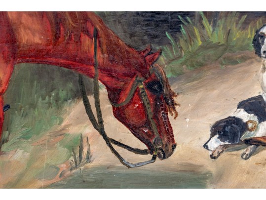 Antique Oil On Board, Horse And Dogs In Landscape