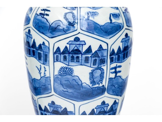 Pair Of Decorative Blue And White Porcelain Lidded Baluster Jars