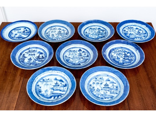 Assembled Set Of Nine 19th C. Chinese Export Blue And White Porcelain Plates