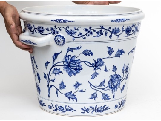 Large Tiffany & Co. Made In France Twin Handled Blue And White Porcelain Planter