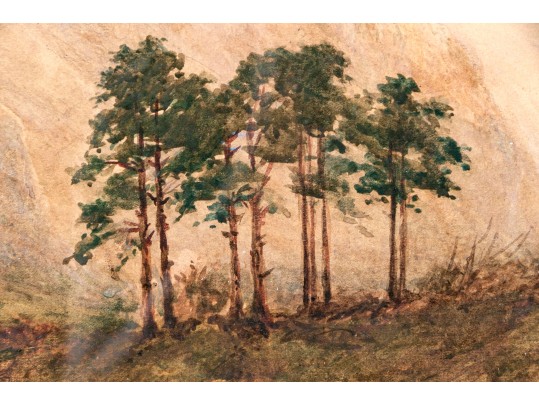 Signed Watercolor, Vast Landscape With Bending River And Mountains