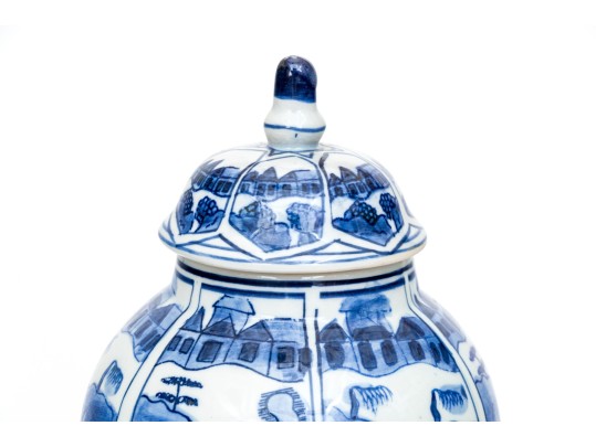 Pair Of Decorative Blue And White Porcelain Lidded Baluster Jars