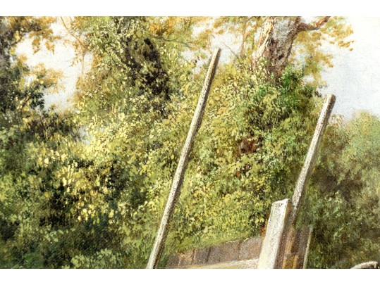 Antique Oil On Canvas, Fishing Couple In The Landscape