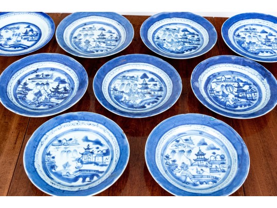 Assembled Set Of Nine 19th C. Chinese Export Blue And White Porcelain Plates