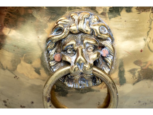Antique Brass Oval Lion Mask Handled Jardiniere