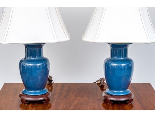 Pair Of Chinese Blue Glazed Vases Mounted As Table Lamps