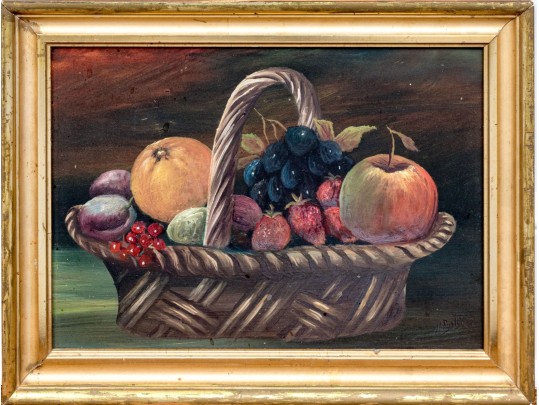 Signed H. Burton Oil On Board, Still Life With Fruit In Basket