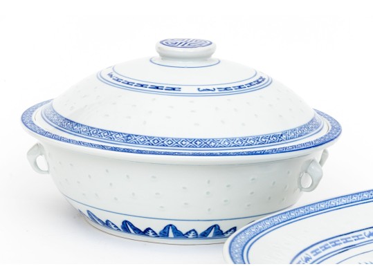 Chinese Blue And White Rice Pattern Porcelain Serving Wares