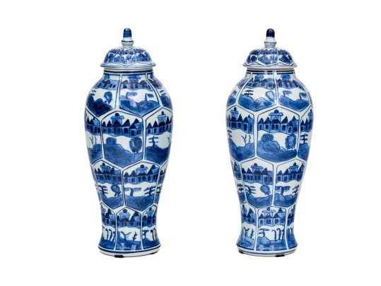 Pair Of Decorative Blue And White Porcelain Lidded Baluster Jars