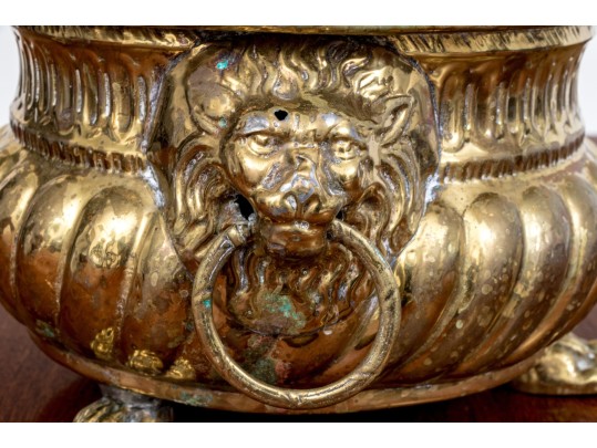 Antique Footed Brass Jardiniere With Lion Mask Handles