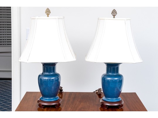 Pair Of Chinese Blue Glazed Vases Mounted As Table Lamps