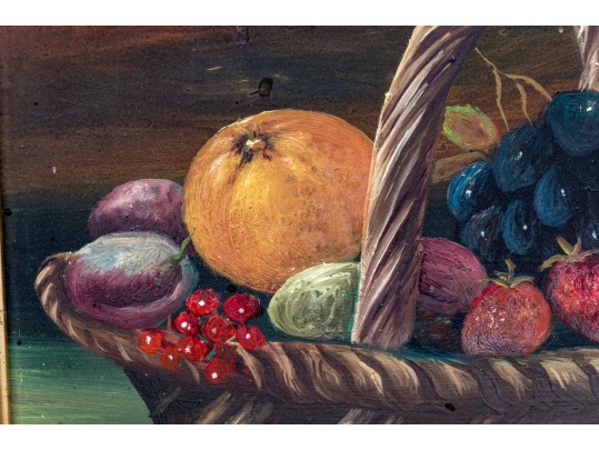 Signed H. Burton Oil On Board, Still Life With Fruit In Basket