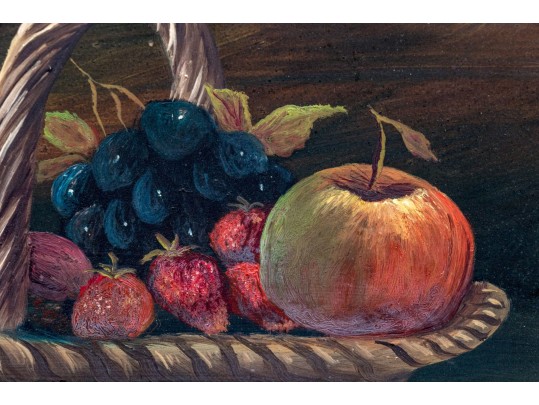 Signed H. Burton Oil On Board, Still Life With Fruit In Basket