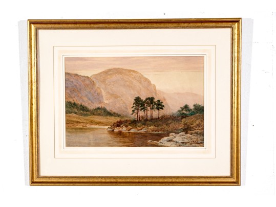Signed Watercolor, Vast Landscape With Bending River And Mountains