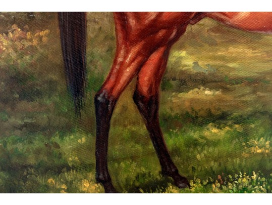 Signed Lawson Oil On Canvas, Bay Horse In Landscape