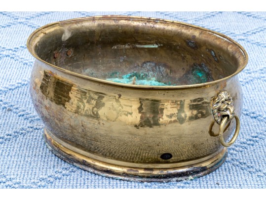 Antique Brass Oval Lion Mask Handled Jardiniere