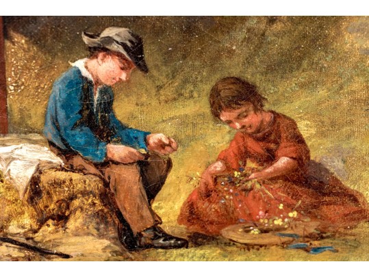 Antique Oil On Canvas, Fishing Couple In The Landscape