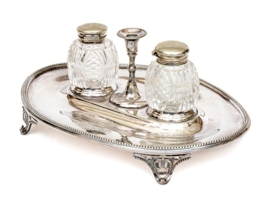 Martin, Hall & Co. Silver Plated Desk Caddy With Crystal Bottles