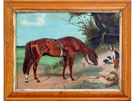Antique Oil On Board, Horse And Dogs In Landscape