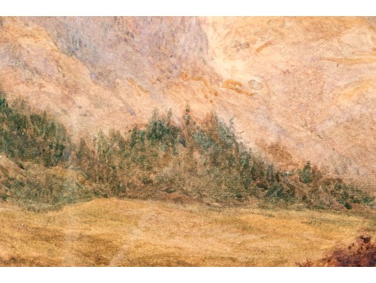 Signed Watercolor, Vast Landscape With Bending River And Mountains