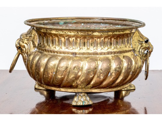 Antique Footed Brass Jardiniere With Lion Mask Handles