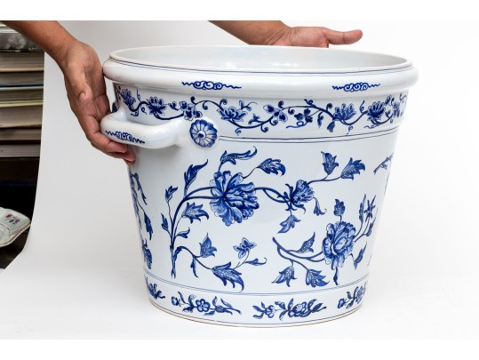 Large Tiffany & Co. Made In France Twin Handled Blue And White Porcelain Planter