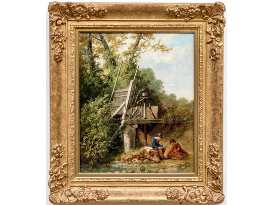 Antique Oil On Canvas, Fishing Couple In The Landscape